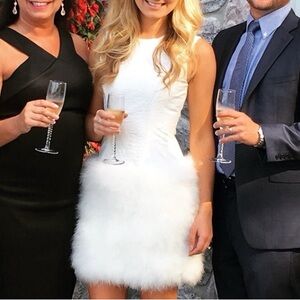 BCBGMaxAria White Brocade Sleeveless Feather/Fur Skirt Mini Dress (Size 6)